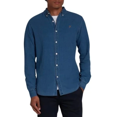 Image of Farah Men&#039;s Brewer Long Sleeve Denim Shirt Mid Indigo Blue (UK, Alpha, XXL, Regular, Indigo)