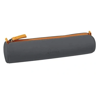 Image of RHODIA 319046C Rhodiarama Titanium Round Pencil Case 21.5 x 5.5 cm Genuine Orange Stitching Ivory Jersey Interior Faux Leather Storage for Pens, Pencils, Markers, Small Supplies