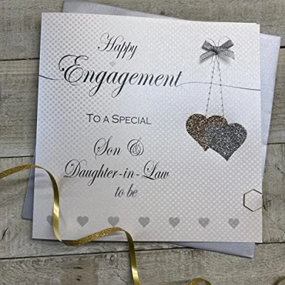 Image of WHITE COTTON CARDS LARGE SON &amp; DAUGHTER IN LAW TO BE ENGAGEMENT CARD HANGING HEARTS, HANDMADE (XLL73 E SD)