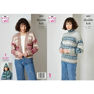 Image of King Cole Ladies Double Knit Knitting Pattern Cardigan Sweater Scarf &amp; Hat (5899)