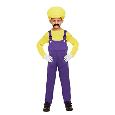 Image of BOYS KIDS SUPER MARIO BROTHERS WARIO FANCY DRESS COSTUME SIZE MEDIUM 7 9 YEARS WORKMAN BUILDER PLUMBER