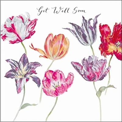 Image of Sanderson Artistic Female Get Well Soon Card from Woodmansterne Watercolour Tulips, Tulipomania Spot Varnish Finish