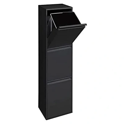 Image of Arregui Basic CR306 B 3 Compartment Steel Trash and Recycling Bin 3x17L (51L) Kitchen Bins for Home or Office Black