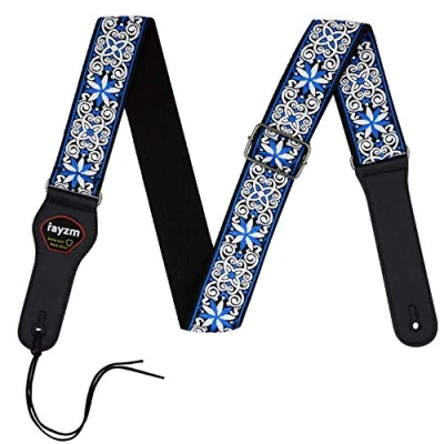 Image of Rayzm Embroidery Guitar Strap, Jacquard Weave Cotton Strap for Acoustic/Electric/Bass with Plectrum Picks Pocket, Metal Buckle, 5cm Wide, Adjustable Length (Embroidery Blue)