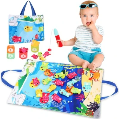 Image of OWill Toddler Toys Montessori for 1 Year Old Boy Girl Birthday Gift 10 in Cloth Fishing Game Toddlers 3 with Stacking Cups Number Counting, Color Sorting, Shape Learning Baby