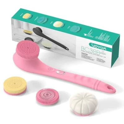 Image of VOYOR Electric Body Brush Back Scrubber Two Way Rotating Head 4 Accessories for Whole Body, Rechargeable Cordless IPX6 Waterproof Exfoliating Brush, Long Handle Bath BC300 (Pink)