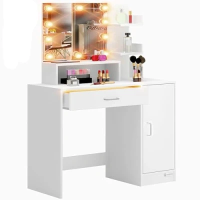 Image of CASARIA® Jocelyn Dressing Table Cabinet with LED Drawer Light, Mirror Lights, 3 Shelves Ideal For Hair Make Up Cosmetics Modern Bedroom Dresser Unit 140x90x40cm White