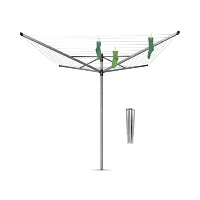 Image of Brabantia Lift O Matic 60 Metres of Clothes Line Adjustable in Height UV Resistant &amp; Non Slip Lining Umbrella System Rotary Dryer with Ground Spike 45 mm Metallic Grey ø 295cm