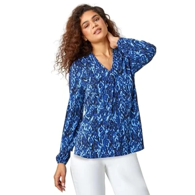 Image of Roman Womens Aztec Print Pleated Stretch Top Blue Viscose Size 10 UK