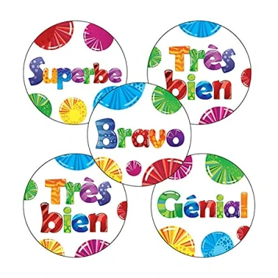 Image of 150 Mixed French Language Childrens Pupils School Praise Teachers Reward Stickers 25mm Primary Teaching Services