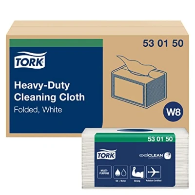 Image of Tork 530150 Heavy Duty Cleaning Cloth / 1 Ply Multipurpose Disposable Cotton Towel for W8 Wipers Small Pack White 16cm x 19.3cm 360 Sheets