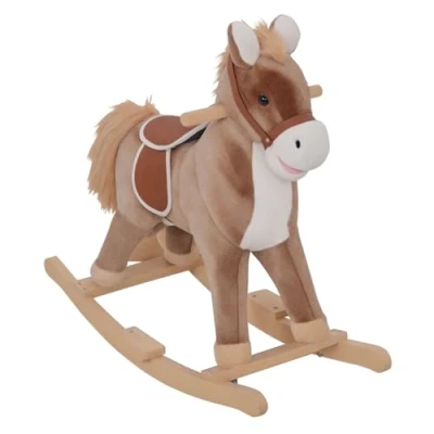 Image of HOMCOM Kids Children Plush Rocking Horse Wooden Base Ride On Toy Rocker with Handle Grip Traditional Fun Gift for Age 3+ (Brown &amp; White)