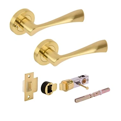 Image of HANDLEZONE® Zena Privacy Lever On Round Rose Door Handles, with Latch, for Bathroom, Toilet, WC Doors, 1 Set Brushed Brass