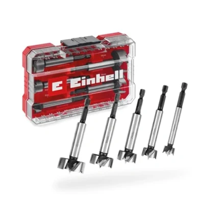 Image of Original Einhell M Case 5 Piece forstner bit Set (Made of C65 Steel, E 6.3 Shank, Cross Cutting Edge, Centring Tip, Conical Head Shape, 4 Sided Closed Leading Edge incl. Storage Box)