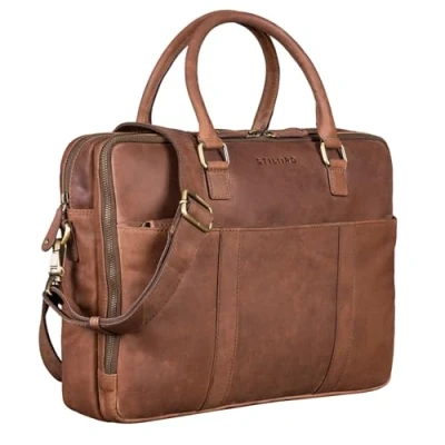 Image of STILORD &#039;Drake&#039; Vintage Business Shoulder Bag Leather Classic Briefcase for Men Women Large Laptop in Genuine Trolley Attachable, Colour:Messina Brown