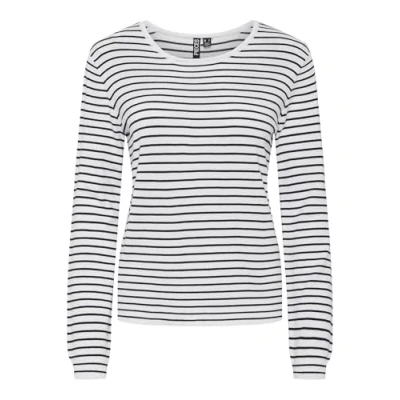 Image of PIECES Women&#039;s PCSONJA LS Pullover Knit NOOS BC Sweater, Cloud Dancer/Stripes: Maritime Blue, XS