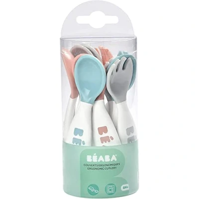 Image of BÉABA, Ergonomic First Cutlery Set, Set of 6 Spoons &amp; 4 Forks, Short rounded handle, Easy grip for baby, Suitable right and left handed use, Grey/Blue/Pink