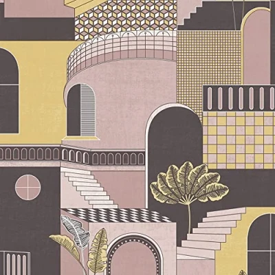 Image of Holden Decor Medina Pink Yellow Wallpaper 13102 Mediterranean Building Leaf