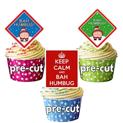 Image of AK Giftshop PRE CUT Bah Humbug Bums Edible Cupcake Toppers/Cake Decorations (Pack of 12)