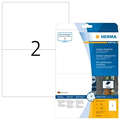 Image of HERMA Self Adhesive Film Labels, 2 Labels per A4 Sheet, 10 Sheets, 210 x 148 mm, 20 Blank Weatherproof Stickers, Sticky for Laser &amp; Inkjet Printer, White