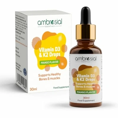 Image of Ambrosial Vitamin D3 K2 Drops Liquid Supplement for Adults &amp; Kids, Mango Flavor, High Strength, 500 IU D3, 50 mcg K2, Gluten Free, D Drops, Immune System Vitamins 30 ml