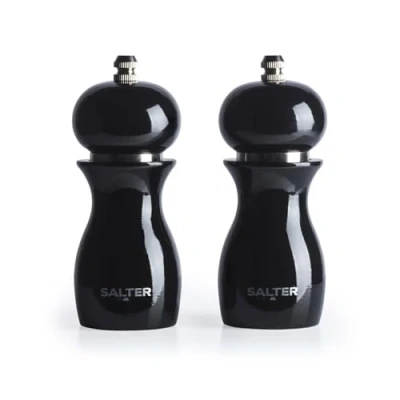 Image of Salter 7613 BKXR Salt &amp; Pepper Grinder Set Spice Mills, High Gloss Mechanical Seasoning Pots, Twist to Grind, Adjustable Fine Coarse, Retro, 26g Salt/13g Pepper, Black Condiment Set, 14cm