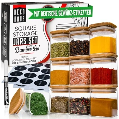 Image of Deco haus Spice Jars Square with Labels Set of 10 Wooden Lids Storage for Your Spices Container
