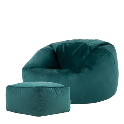 Image of icon Aurora Velvet Bean Bag Chair and Footstool, Teal Green, Large Lounge Bags for Adult with Filling Included, Adults Beanbag, Boho Room Decor Living Furniture Chairs