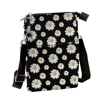Image of Pizding Daisy Canvas Crossbody Handbags Cell Phone Purse Wallet Leaves Pattern Small Change Pouch Bags for Women Girls