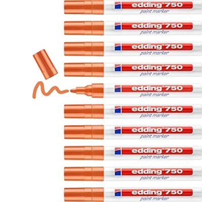 Image of edding 750 paint marker orange 10 pens round tip 2 4 mm for marking and labelling metal, glass, rocks or plastic heat resistant, permanent, smudge proof waterproof