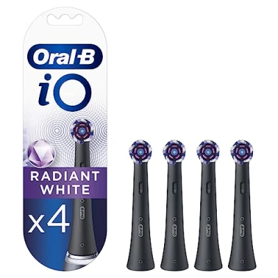 Image of Oral B iO Radiant White Electric Toothbrush Head, Angled Bristles Deeper Plaque Removal, with Polishing Petals for Teeth Whitening, Pack of 4 Heads, Black