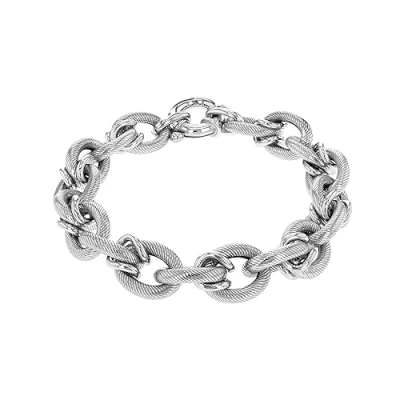 Image of Tuscany Silver Women&#039;s Sterling 12.5 mm Rhodium Plated Textured Round Oval Belcher Chain Large Spring Ring Bracelet of Length 21 cm/8 Inch