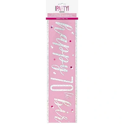 Image of Unique 83497 Pink Happy 70th Birthday Foil Banner 9&#039; Silver 1 Pc, Age 70