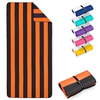 Image of Fit Flip microfibre beach towel large lightweight, compact and super absorbent sand free quick dry towel, 100% recycled travel darkgrey orange stripes 200x90cm
