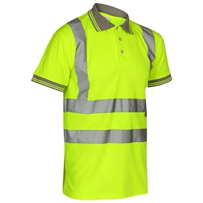Image of Aztec Hi Viz Vis High Visibility Polo Neck Short Sleeves T Shirts Reflective Tape Safety Collared Security Work Breathable Lightweight Workwear Tops (Yellow with Grey Collar Large)