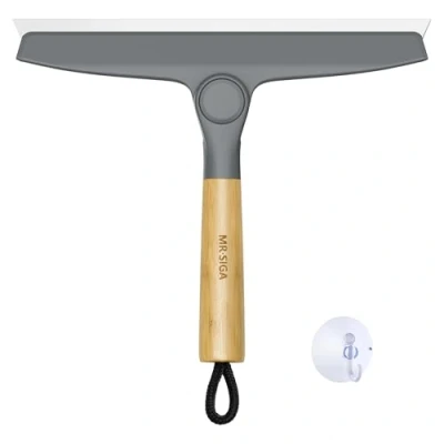 Image of MR.SIGA Shower Squeegee, Pivoting Window Squeegee with Bamboo Handle, Cleaner Suction Hook for Kitchen, Mirror, and Glass Cleaning, 10 inch, Grey