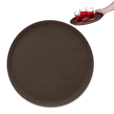 Image of Relaxdays Serving Tray, Round Ø 35 cm, Bar Drinks Plate, Non Slip Rubber Surface, Waiter&#039;s Catering, Versatile, Brown, Plastic