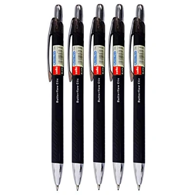 Image of Cello Butterflow Clic Retractable Ballpoint Pens Medium Point (0.8 mm) Pack of 5 Biro, Black Pen