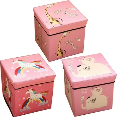 Image of Kids Toy Storage Box Set of 3 Organiser Foldable Chest with Lid for Toys, Books, Blankets, Clothes (Girl)