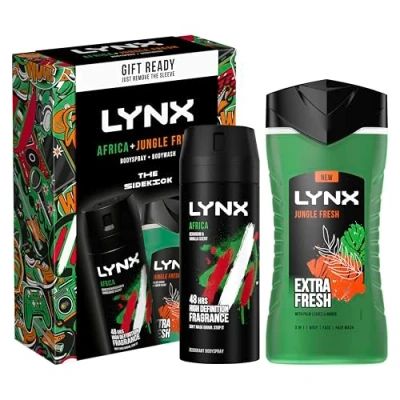 Image of LYNX Africa &amp; Jungle Fresh The Sidekick Duo Deodorant Gift Set 3 in 1 Body, Face Hair Wash Body Spray perfect for his daily routine 2 piece