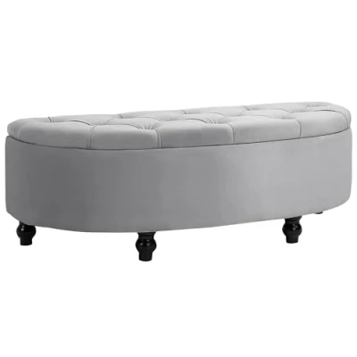Image of HOMCOM Semi Circle Bed End Bench Ottoman with Storage Tufted Upholstered Accent Seat Footrest Stool Rubberwood Legs for Bedroom &amp; Entryway, Light Grey
