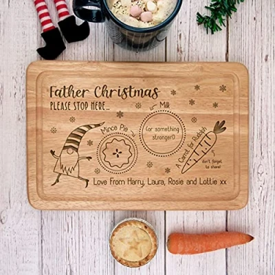 Image of eBuyGB Personalised Father Christmas Please Stop Here Xmas Eve Board, Santa Claus Rudolph Reindeer Treat Plate, Wooden Snack Tray