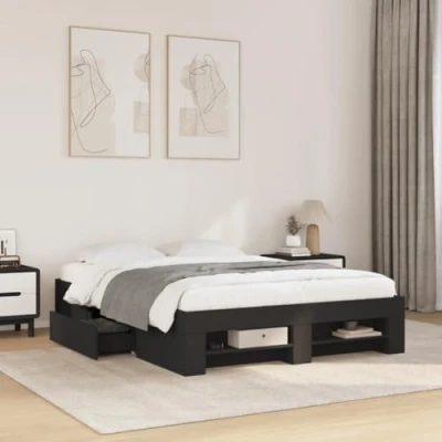 Image of vidaXL Bed Frame Black, Engineered Wood, 120x190cm, Small Double with Drawers &amp; Open Storage, Plywood Slatted Base, Bedroom Furniture