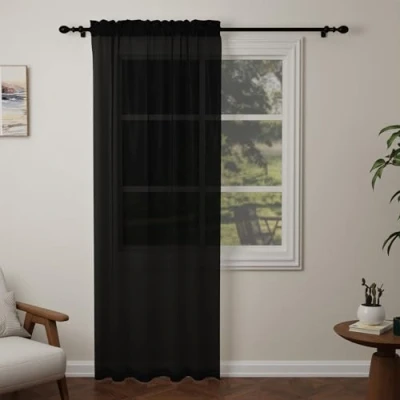 Image of Pacok Black Voile Curtains, 84 Drop Net Curtain for Windows, Rod Pocket Sheer Panel Curtains Living Room Kitcken Bedroom W56xL84 Inch(Black, 142 x 213cm)