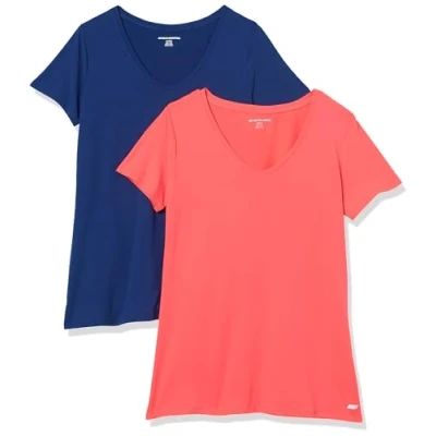 Image of Amazon Essentials Women&#039;s Tech Stretch Short Sleeved V Neck T Shirt (Available in Plus Size), Pack of 2, Coral Orange/Navy, XL