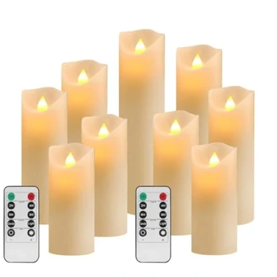 Image of YIWER LED Candles,Flameless Candles Φ2.2 x H 6.3&quot;/6.7&quot;/7&quot;/7.6&quot;/8.5&quot;/9.4&quot; Real Wax Battery Candle Pillars, 10 Key Remote Control with 24 Hour Timer Function(Ivory,9)