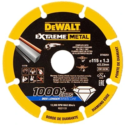 Image of DEWALT DT40251 QZ Disco de Corte con borde diamantado Extreme Metal 115x1.3x22.3mm, Yellow