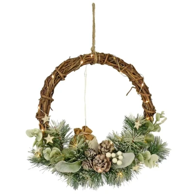 Image of Light Up Christmas Half Wreath Rustic Rattan Twigs Stars Pine Cones Berries 33cm