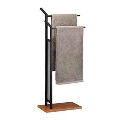 Image of Relaxdays Rack, 2 Rails, Freestanding Towel Holder, No Drilling, Metal, Black, HWD 88 x 40 20 cm