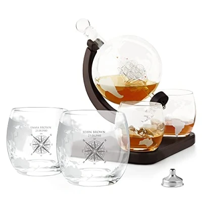 Image of Maverton Globe Whiskey Decanter Set with 4 Glasses 850 ml Carafe Ship Inside You can Personalise Tumblers for Gift Couple Compass